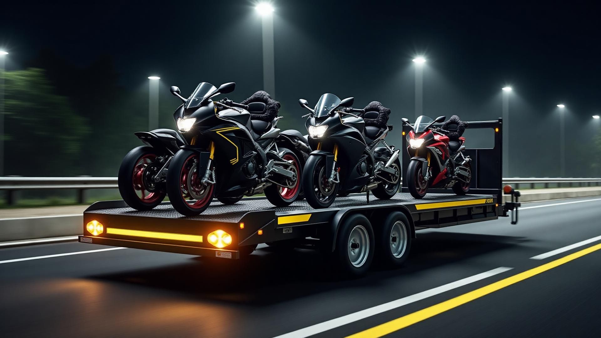 Kippbarer Motorradanhänger von Trailer Swarm mit absenkbarem Ladesystem, Tempo-100 zugelassen, 24/7 kontaktlos mietbar in München und Frankfurt